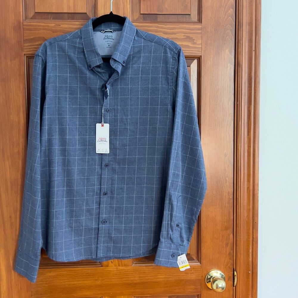 NWT Izod Saltwater Men's M Blue/Gray Checked Long Sleeve Untucked Length Slim